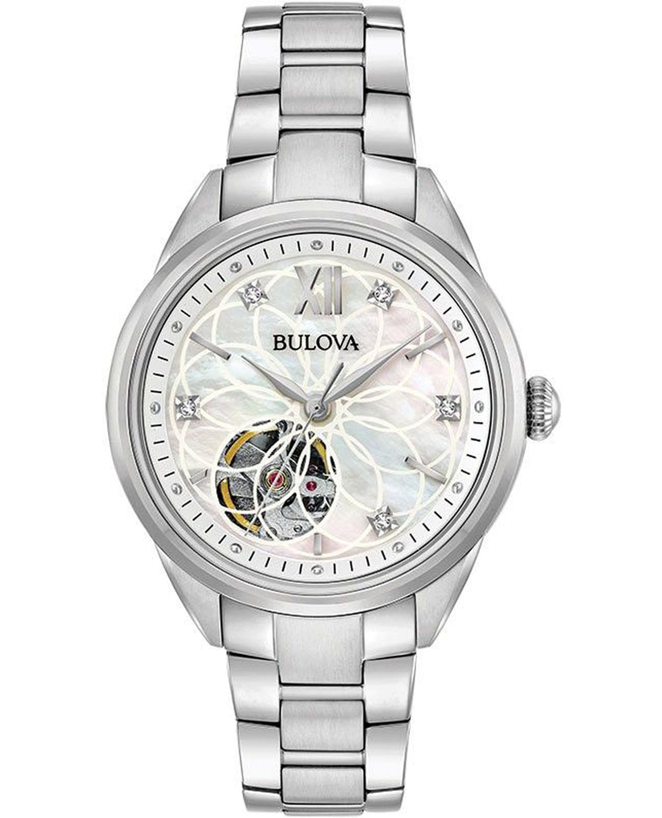 Bulova Bulova Automatic Ladies 96P181  96P181 механические женские часы перламутровый циферблат, браслет нержавеющая сталь — вид спереди