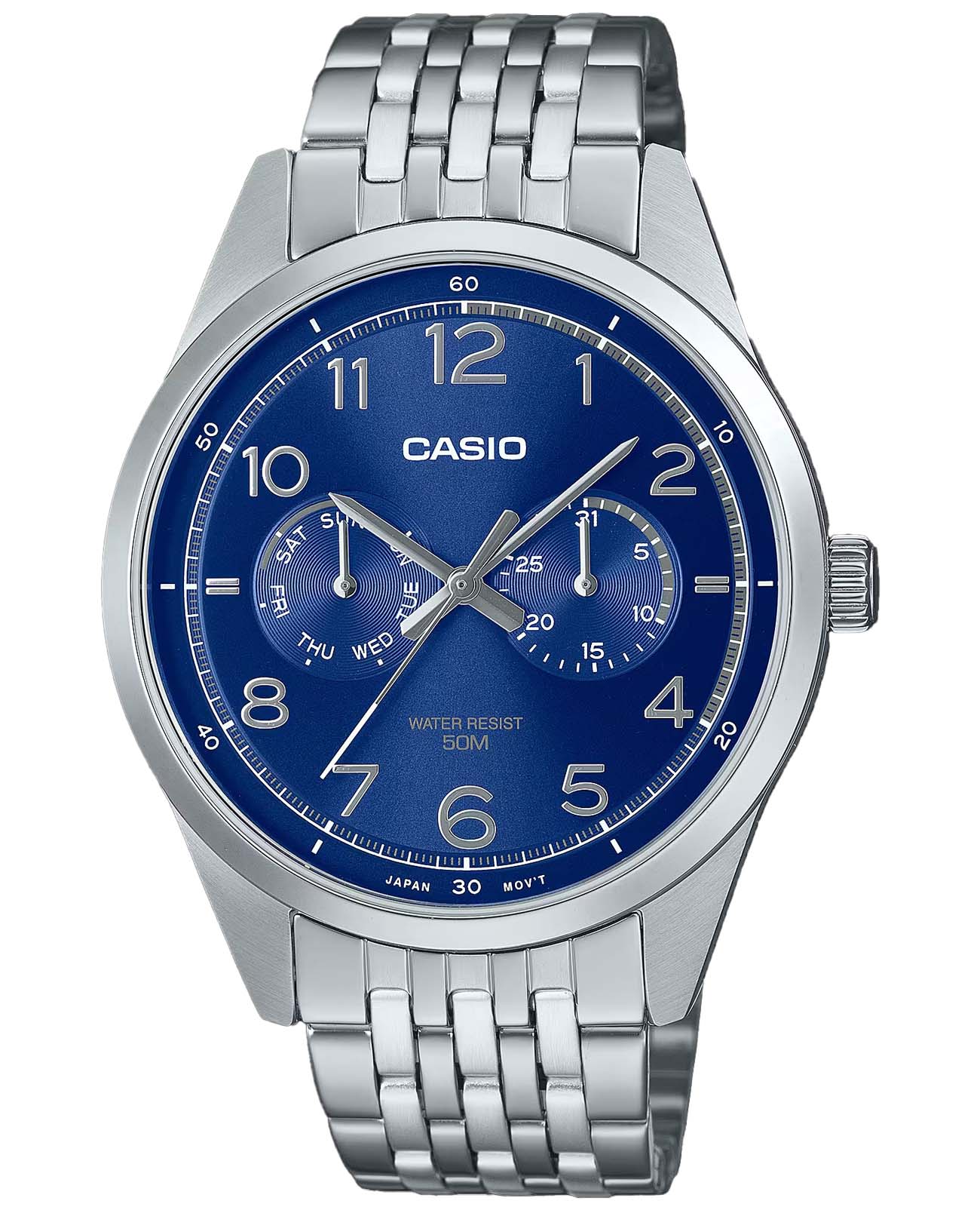 Casio Casio Collection MTP-E340D-2AV  MTP-E340D-2A кварцевые мужские часы синий циферблат, браслет нержавеющая сталь — вид спереди