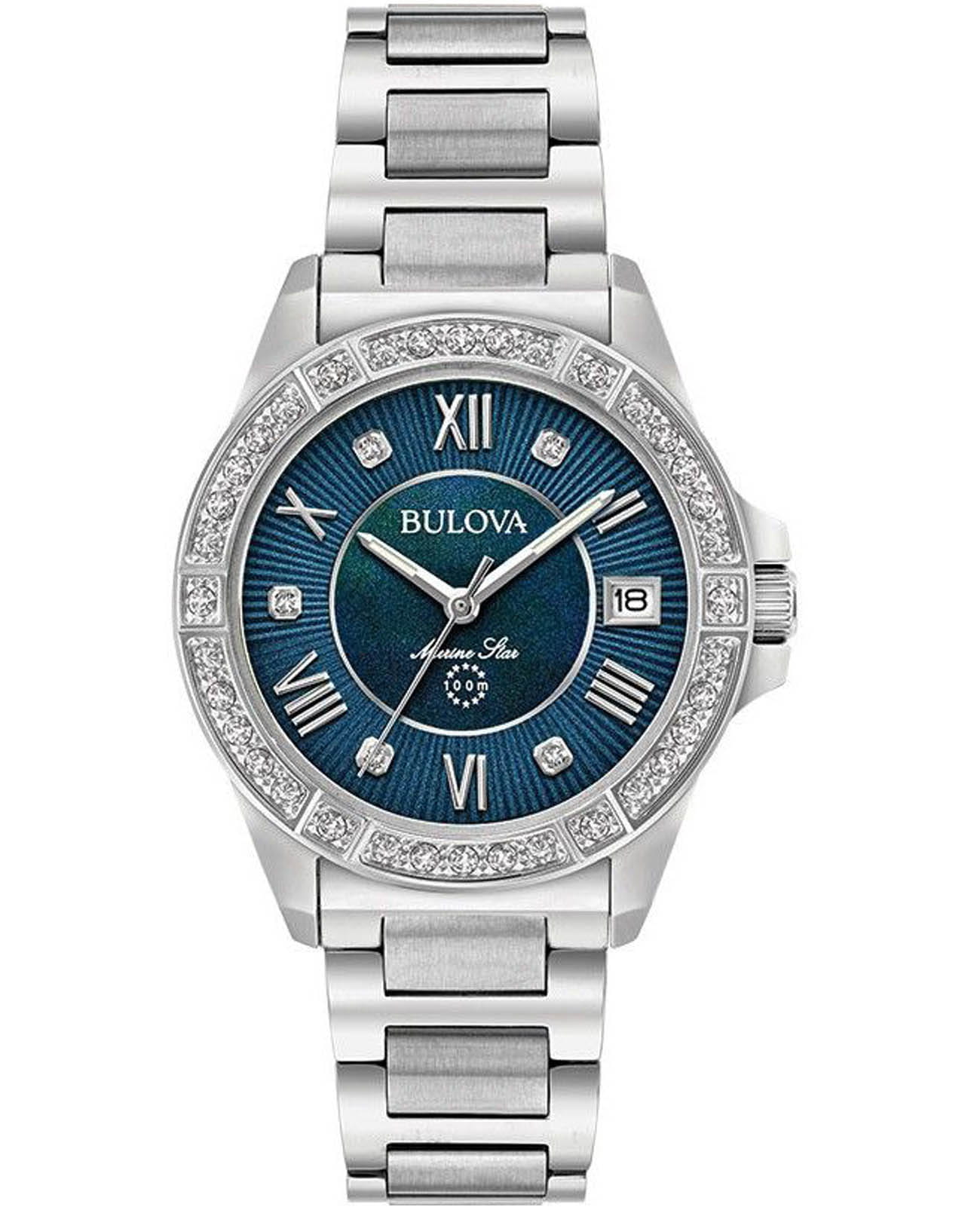 Bulova Bulova Marine Star 96R215  96R215 кварцевые женские часы синий циферблат, браслет нержавеющая сталь — вид спереди