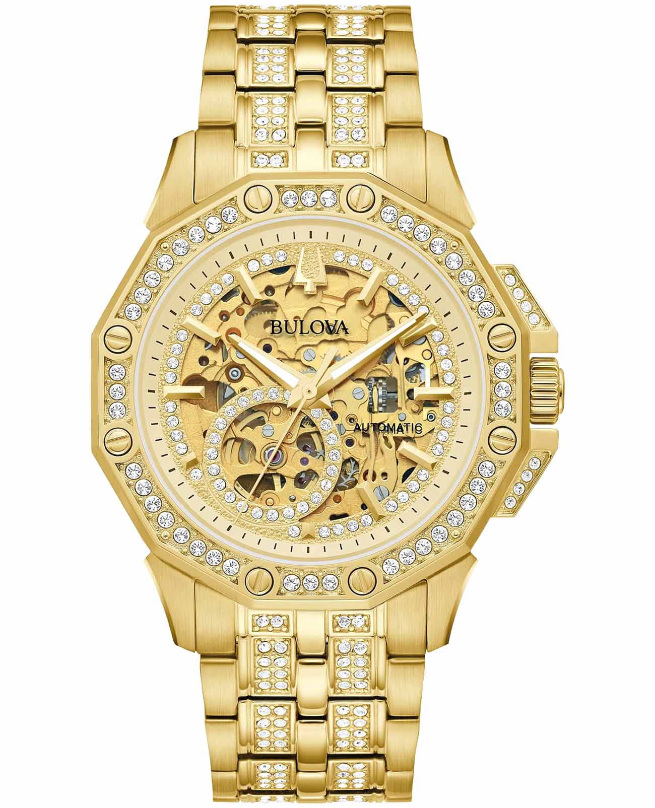 Bulova Bulova Octava 98A292  98A292 механические мужские часы золотой циферблат, браслет нержавеющая сталь с ip-покрытием — вид спереди