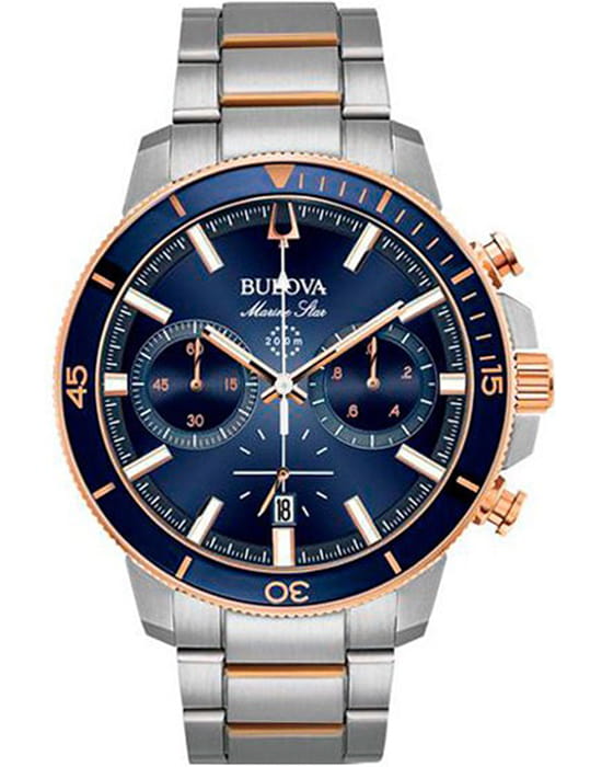 Bulova Bulova Marine Star 98B301  98B301 кварцевые мужские часы синий циферблат, браслет нержавеющая сталь с ip-покрытием — вид спереди